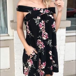 Off the Shoulder Black Floral Dress